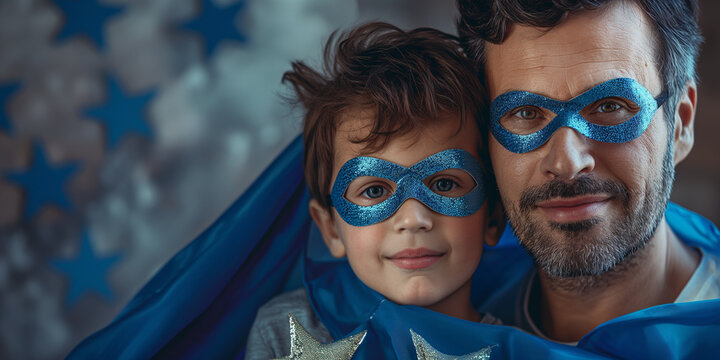 Happy Father's Day. Father and son dressed as superheroes, sharing a joyful embrace, with masks and capes, against a vibrant blue background - Powered by Adobe