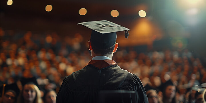 Graduate facing a crowd of peers, viewed from behind, highlighting a sense of accomplishment and anticipation at the ceremony