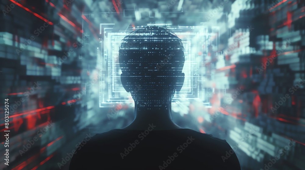 Poster silhouette of a person against a complex network of digital data in a futuristic cybersecurity conce