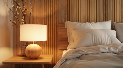 Softly lit cozy bedroom with a wooden bedside lamp casting a gentle glow on plush bedding, enhancing the warm wooden interior