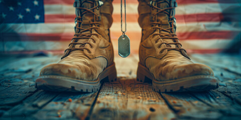 Memorial day. Powerful image of military boots and dog tags with an American flag background, symbolizing service and sacrifice