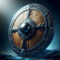 A close up of a wooden shield with a metal decoration, fantasy shield