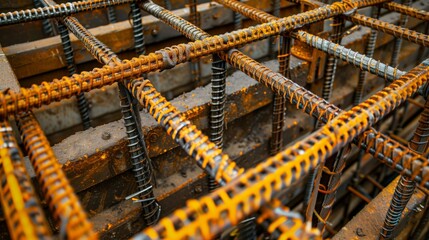 Close-up view of rust-covered steel reinforcement bars at a construction site.