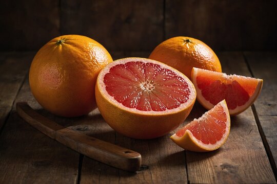 Whole and halved grapefruits arranged on a rustic wooden table