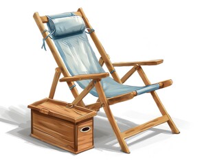 A wooden beach chair with a blue cushion and a footrest next to it. - obrazy, fototapety, plakaty