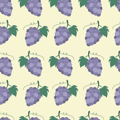 Grapes seamless pattern. Purple berries on a pastel yellow background. Vector. For packaging, cover, paper, case