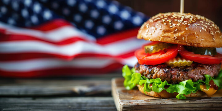 Delicious hamburger with condiments for USA 4th July Independence day celebration