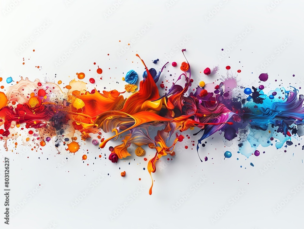 Poster artistic display of multicolored paint splashes flowing horizontally, representing vibrant fluid dyn