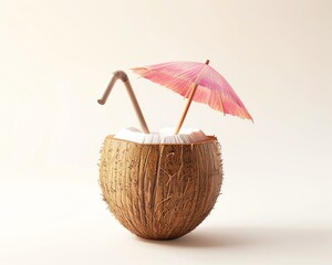 Coconut juice in Coconut with pink umbrella and straw on a beige background