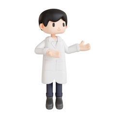 3d rendering a doctor standing and presenting with his hand outstretched to the right transparent