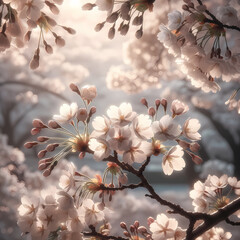Dreamy Cherry Blossom Close-Up: Soft Pink Blossoms Against a Sunlit Background