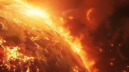 Spectacular view of a solar flare impacting a planet's surface creating a dramatic and fiery scene.