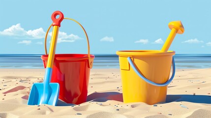 Two cartoon and shovels sit in the sand at the beach.