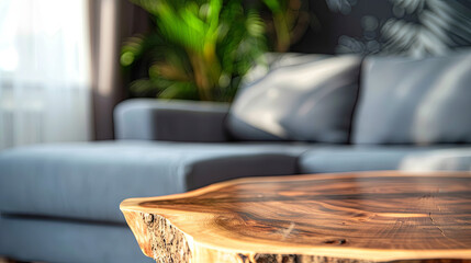 Wooden coffee table next to the sofa