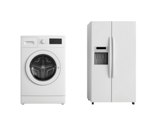 Home appliances. Set of household kitchen technics isolated on white. Refrigerator, gas cooker and washing machine