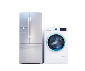 Home appliances. Set of household kitchen technics isolated on white. Refrigerator, gas cooker and washing machine
