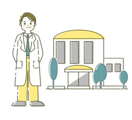 医師と診療所のイラスト素材 人物と建物のセット