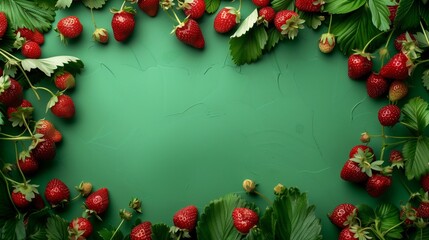 Fresh strawberries and leaves artfully arranged on a vibrant green background with copy space.