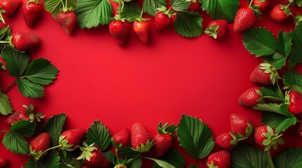 Fresh strawberries with vibrant green leaves are neatly arranged around a red background with copy space.