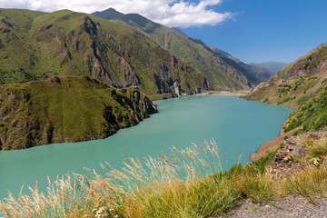 Reservoir of the Zaramagskaya hydroelectric power station in the Kassar Gorge. North Ossetia...