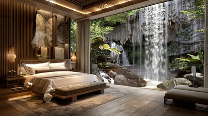 A luxurious bedroom set in beautiful natural surroundings with breathtaking views of a majestic waterfall	