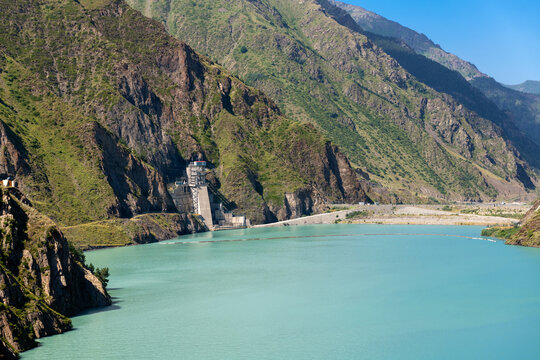 Reservoir of the Zaramagskaya hydroelectric power station in the Kassar Gorge. North Ossetia Alania. Russia