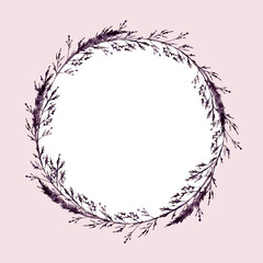 wreath with watercolor monochrome silhouette herbs, sketch of grass, abstract meadow plants, wild field illustration pink background template for wedding decoration