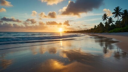 Obraz premium sunset over the lake Luminous Shoreline Radiant Sea and Sunlit Beac