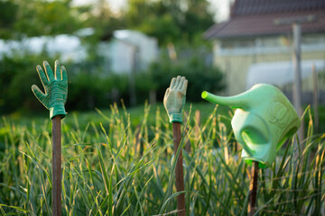 Two cotton safety gloves and a watering can hanging on a stick. Drying cotton gloves in the village.