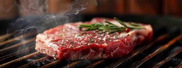 fresh meat steak with rosemary and black pepper on a white table, Generative AI,