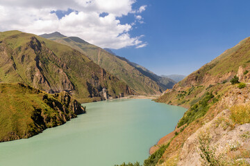 Fototapeta na wymiar Reservoir of the Zaramagskaya hydroelectric power station in the Kassar Gorge. North Ossetia Alania. Russia