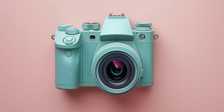 Blue camera with lens facing viewfinder on pink background, capturing the moment in colorful contrast