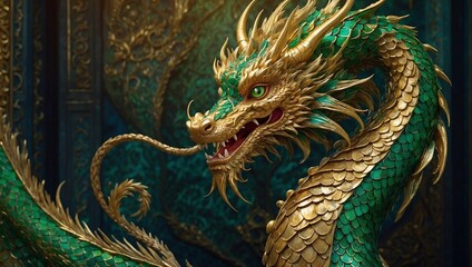Fototapeta premium A beautifully serpentine ornamental dragon, its opulent form crafted from shimmering gold and emerald green gemstones