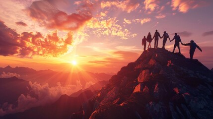 A group of hikers celebrates reaching the summit, holding hands against a dramatic sunset backdrop above the clouds.
