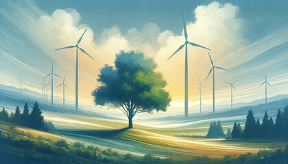 wind turbines in the field - obrazy, fototapety, plakaty