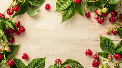 Fresh raspberry branches with ripe red berries and green leaves artfully arranged on a light wooden...