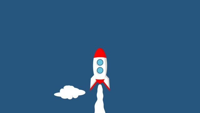 The rocket glides up into the blue sky among the white clouds