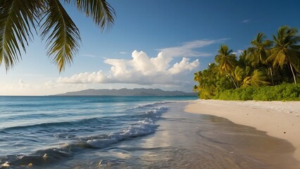 beach with palm tree Luminous Shoreline Radiant Sea and Sunlit Beac