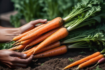 Farmer harvesting ripe carrot, close-up. Harvesting in a home garden. Natural products and gardening concept