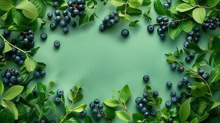 Fresh blueberries with vibrant green leaves on a pastel green background with ample copy space.