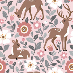 Seamless hand drawn vector pattern with deer and fawn on floral background. Perfect for textile, wallpaper or print design.