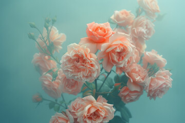 Pastel Pink Roses in Soft Blue Haze - Floral Elegance