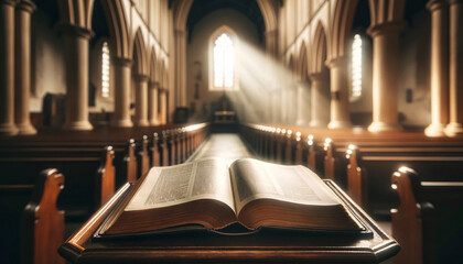 an open book resting on a polished wooden lectern inside a quiet, warmly lit church
