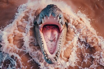 Obraz premium A terrifying image of a large alligator, a terrifying reptile that has the strongest bite on earth, is growling to show its power and aggression.
