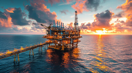 Capturing the breathtaking moment of sunrise as it illuminates an offshore oil rig, reflecting vibrant colors off the ocean's surface and highlighting the impressive structure against the dramatic sky