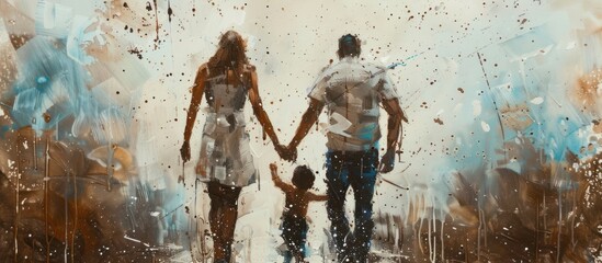 Paint art of man and woman holding hands walking with children in the afternoon. generative AI image