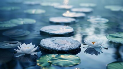 The tranquility of nature and serenity, a zen stone path through a pond with lotuses and water lilies © Aliaksandra