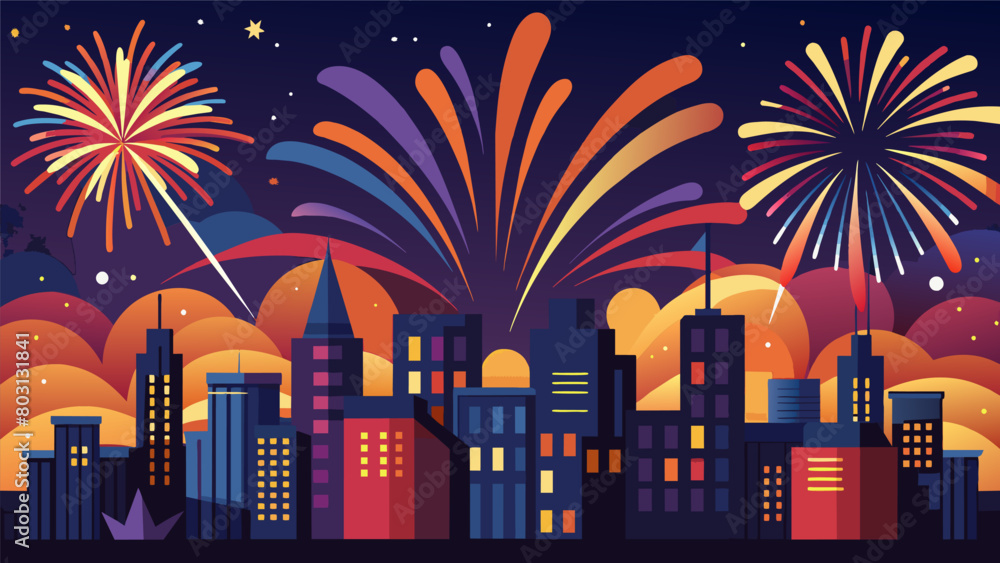 Poster a dazzling barrage of fireworks cascading across the city horizon creating an unforgettable visual s