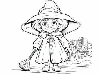 Coloring book page for kids of a little cute witch holing broom