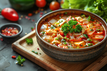 A vibrant bowl of spicy noodle soup garnished with fresh herbs and chili